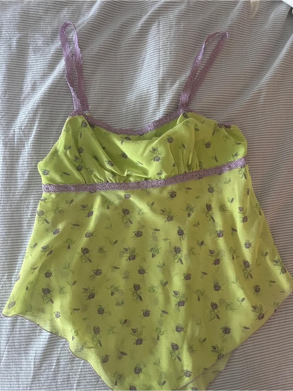 UO urban outfitters sheer Floral Cami Top - Lime Green with Lavender Trim